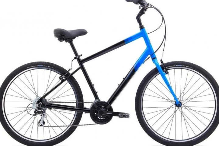Blue and black bicycle with a sleek design on a white background.