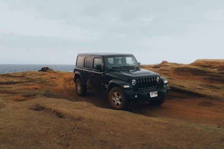 Black SUV driving on a grassy cliffside with ocean view in background.