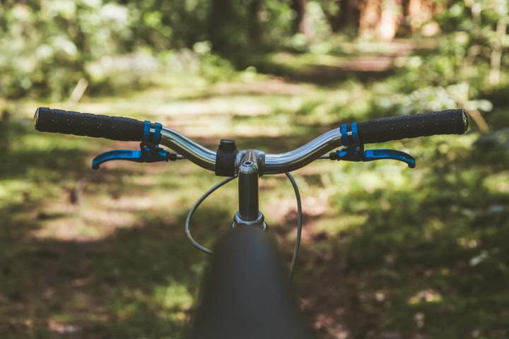 Bicycle handlebars in focus with a forest trail in the background.